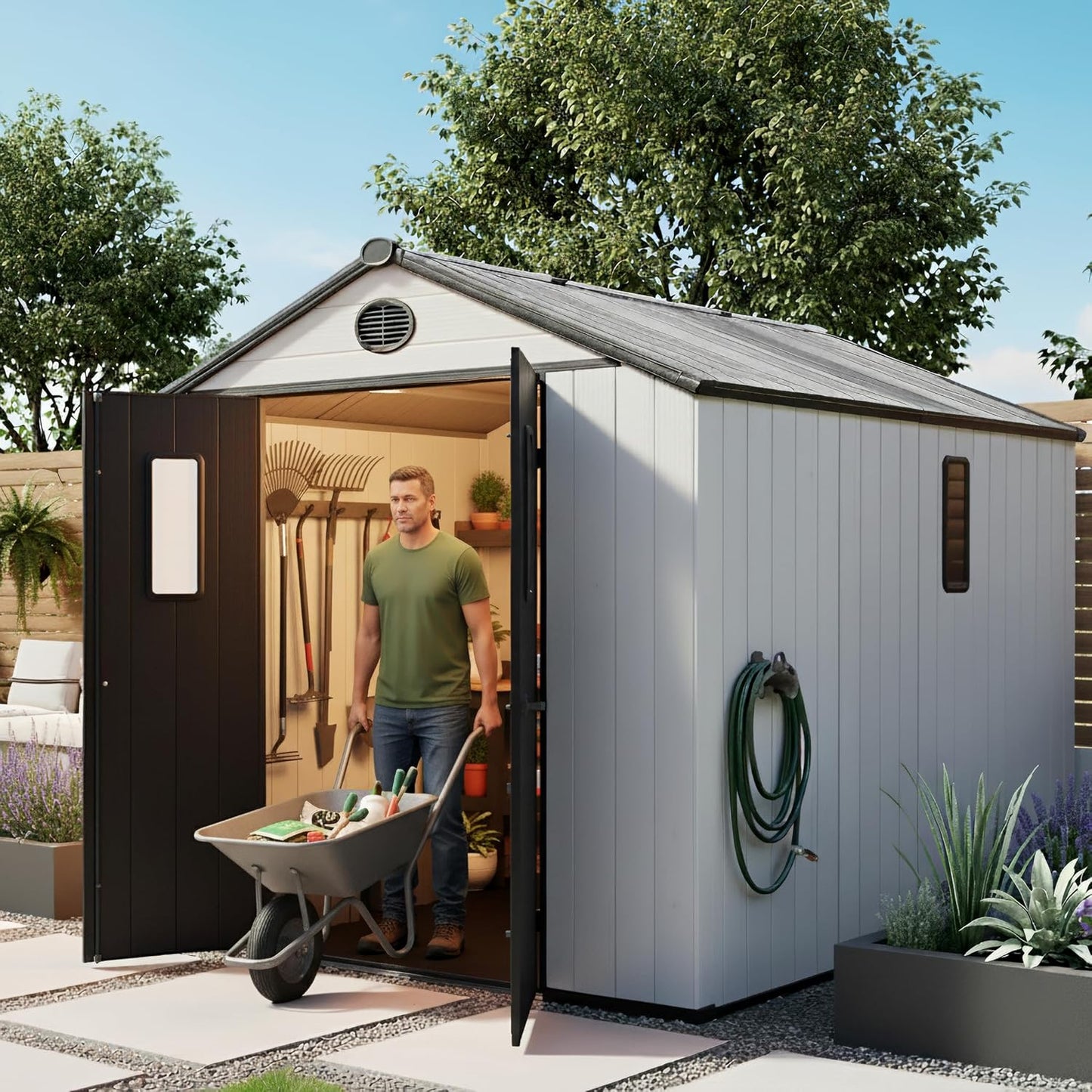 Flumarza 8x10 Resin Storage Shed with Floor Double Doors, Waterproof Outdoor Plastic Shed for Backyard, Garden Tools & Patio Furniture – Easy Assembly, Maintenance-Free, White