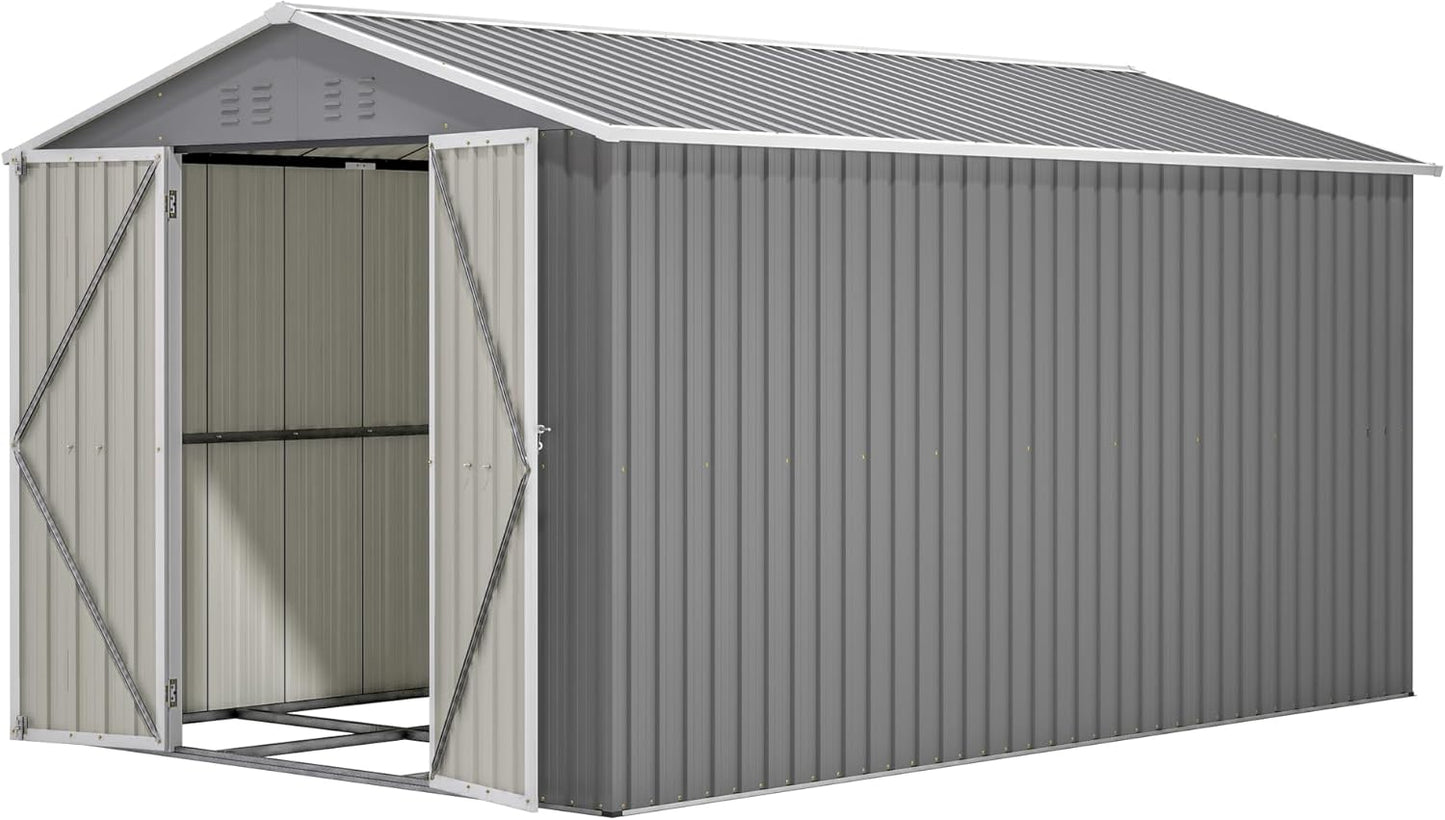 Flumarza 8x12 Ft Large Outdoor Storage Shed with Lockable Doors & Floor Base, Weather-Resistant Metal Tool Shed for Garden, Backyard, Patio, Lawn, Gray