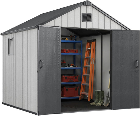 Flumarza 8x8 Ft Resin Outdoor Storage Shed with Floor, Windows & Lockable Door, 15mm Thickened Heavy-Duty All-Weather Garden Tool Shed for Backyard, Patio, Lawn (Gray)