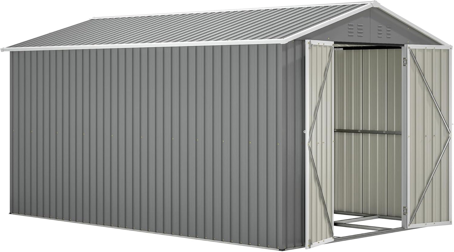 Flumarza 8x12 Ft Large Outdoor Storage Shed with Lockable Doors & Floor Base, Weather-Resistant Metal Tool Shed for Garden, Backyard, Patio, Lawn, Gray