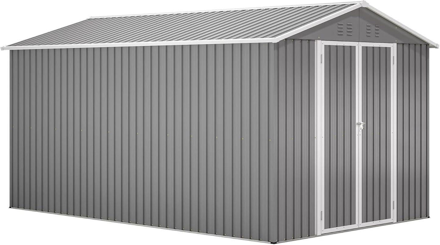 Flumarza 8x12 Ft Large Outdoor Storage Shed with Lockable Doors & Floor Base, Weather-Resistant Metal Tool Shed for Garden, Backyard, Patio, Lawn, Gray
