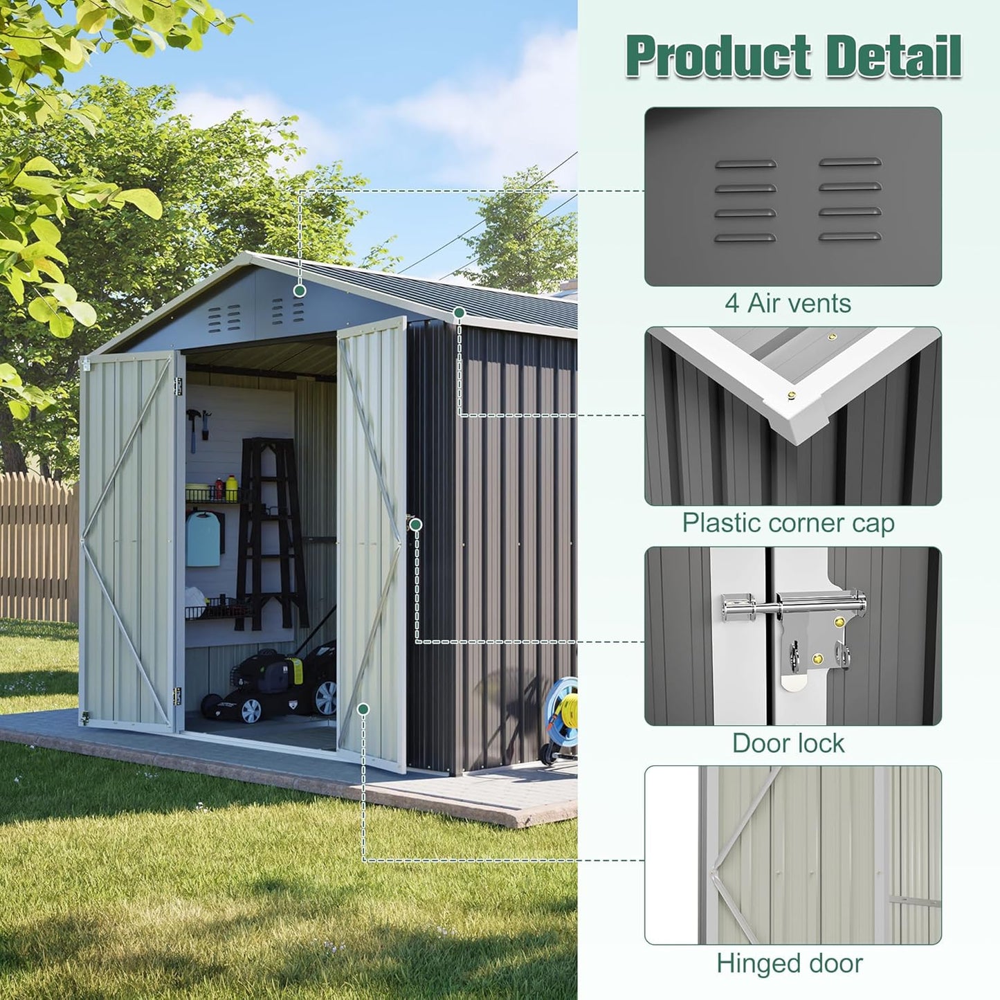 Flumarza 8x12 Ft Large Outdoor Storage Shed with Lockable Doors & Floor Base, Weather-Resistant Metal Tool Shed for Garden, Backyard, Patio, Lawn, Gray