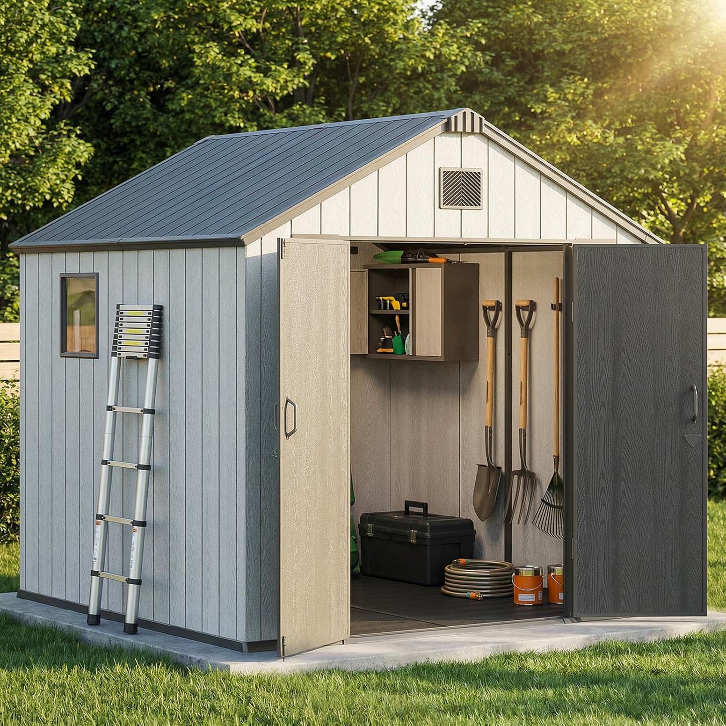 Flumarza 8x8 Ft Resin Outdoor Storage Shed with Floor, Windows & Lockable Door, 15mm Thickened Heavy-Duty All-Weather Garden Tool Shed for Backyard, Patio, Lawn (Gray)