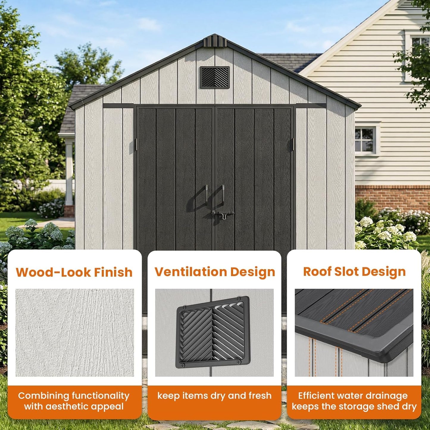 Flumarza 8x8 Ft Resin Outdoor Storage Shed with Floor, Windows & Lockable Door, 15mm Thickened Heavy-Duty All-Weather Garden Tool Shed for Backyard, Patio, Lawn (Gray)