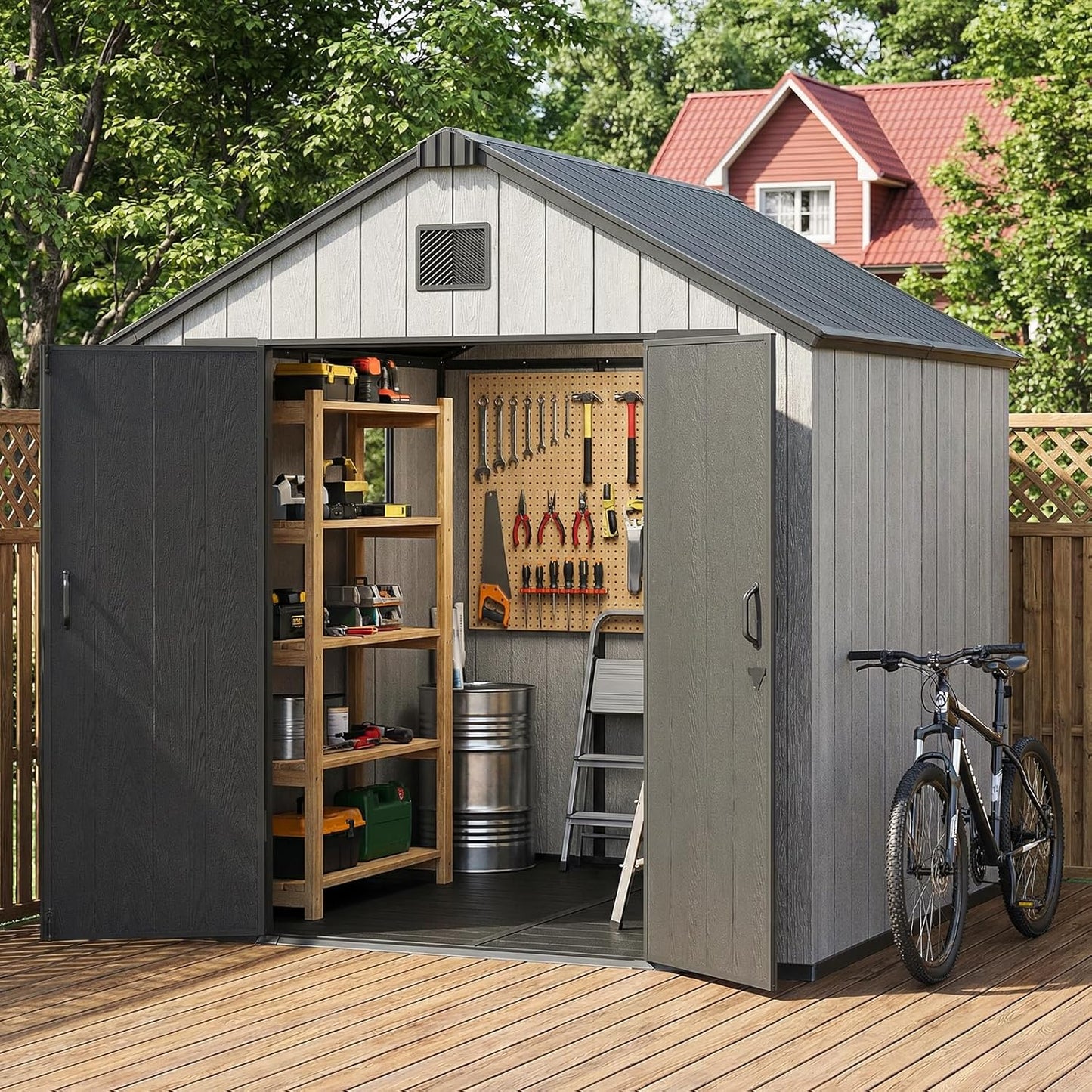 Flumarza 8x8 Ft Resin Outdoor Storage Shed with Floor, Windows & Lockable Door, 15mm Thickened Heavy-Duty All-Weather Garden Tool Shed for Backyard, Patio, Lawn (Gray)