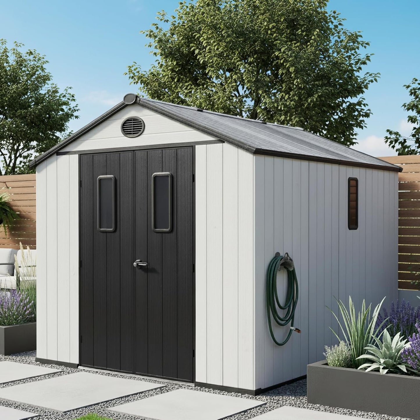 Flumarza 8x10 Resin Storage Shed with Floor Double Doors, Waterproof Outdoor Plastic Shed for Backyard, Garden Tools & Patio Furniture – Easy Assembly, Maintenance-Free, White
