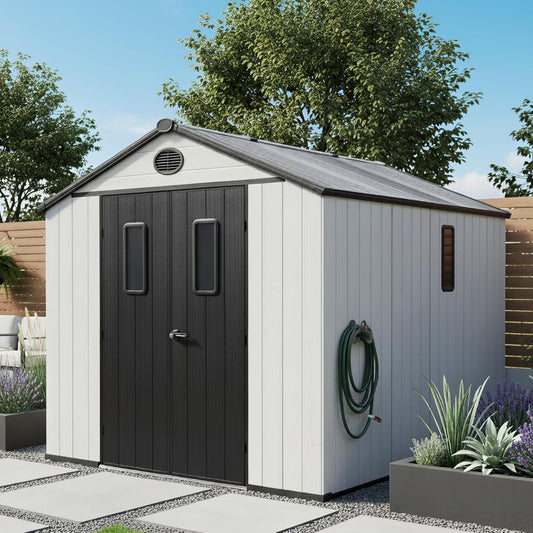 Flumarza 8x10 Resin Storage Shed with Floor Double Doors, Waterproof Outdoor Plastic Shed for Backyard, Garden Tools & Patio Furniture – Easy Assembly, Maintenance-Free, White
