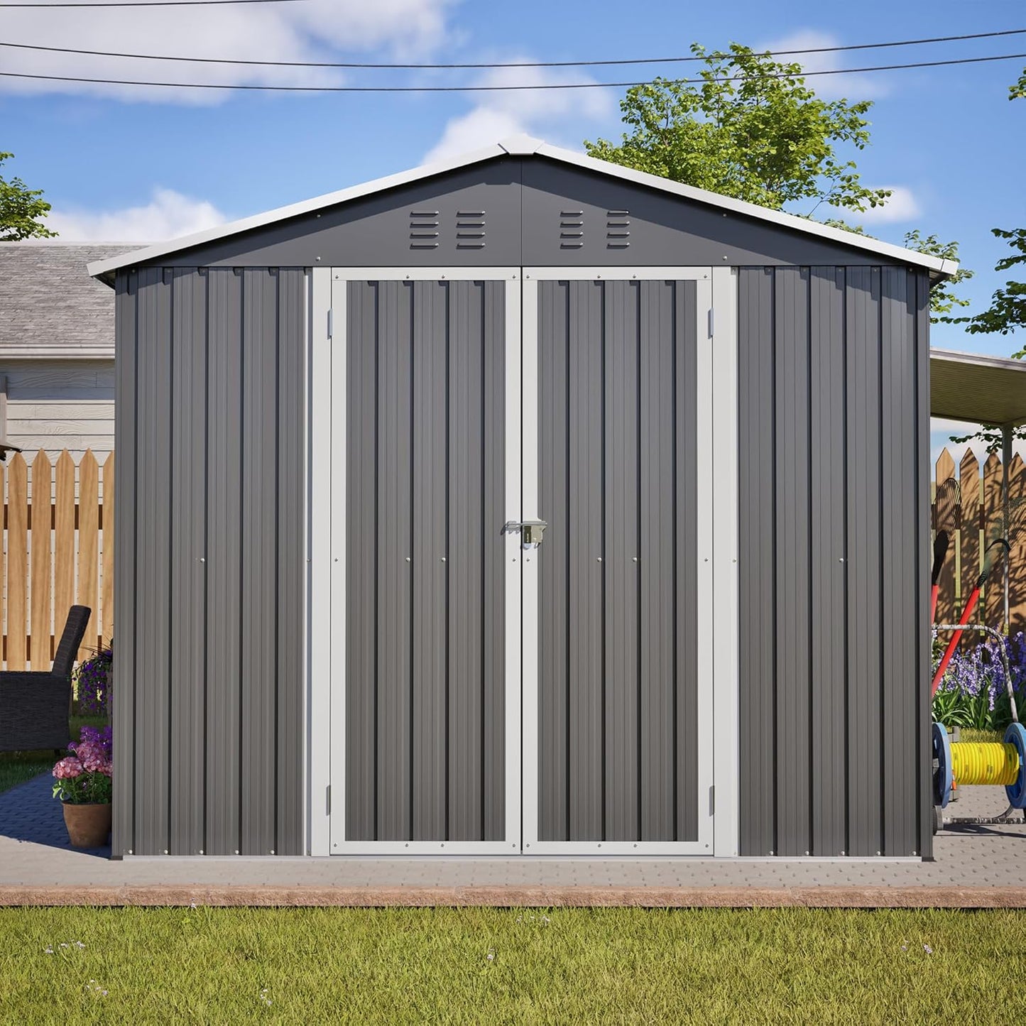 Flumarza 8x12 Ft Large Outdoor Storage Shed with Lockable Doors & Floor Base, Weather-Resistant Metal Tool Shed for Garden, Backyard, Patio, Lawn, Gray