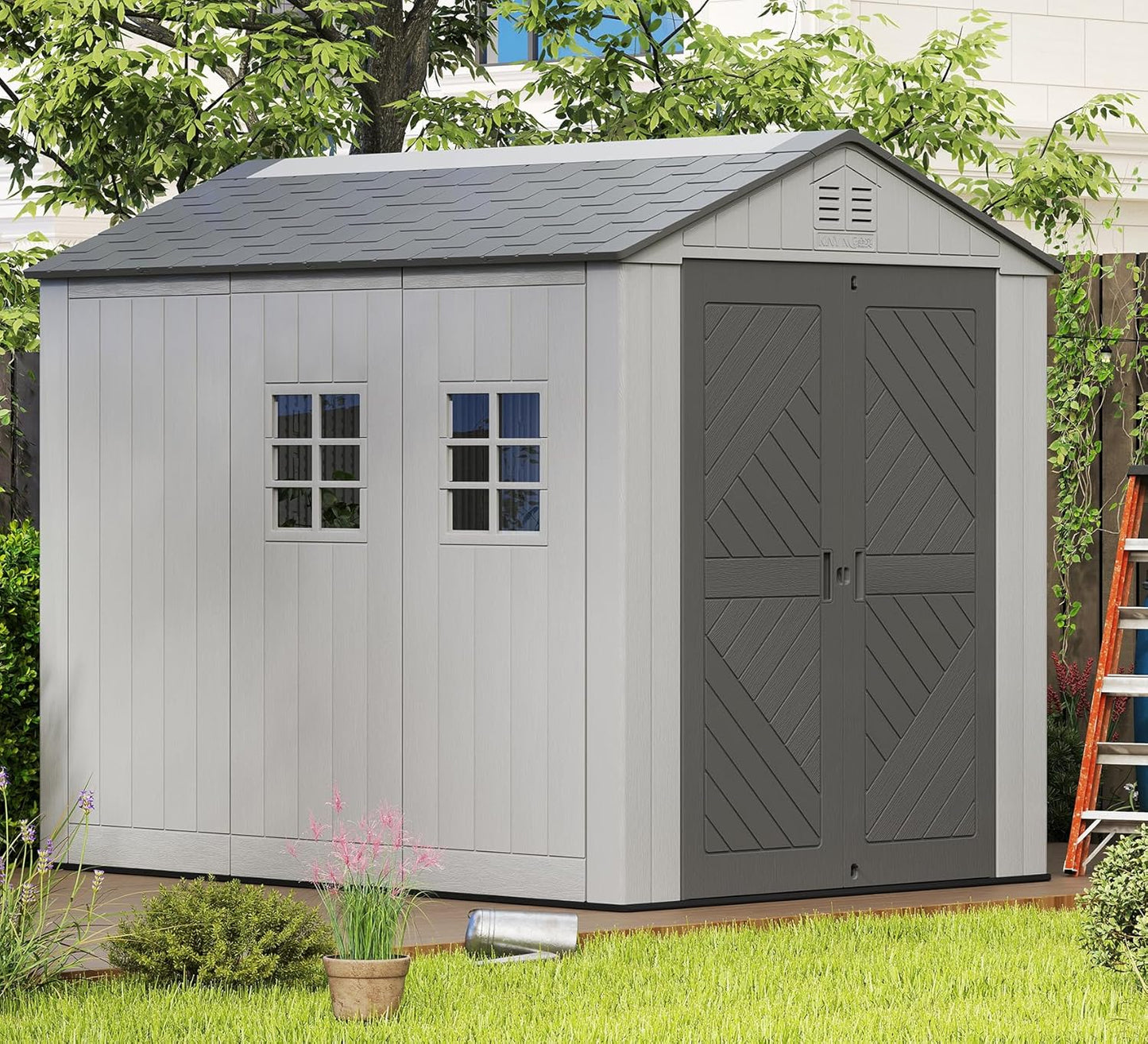 Flumarza 6x9 Ft Outdoor Storage Shed, All-Weather Resistant Resin Garden Shed with Floor & Windows, Double-Layer Plastic Tool Shed for Patio, Garden & Lawn (Grey)