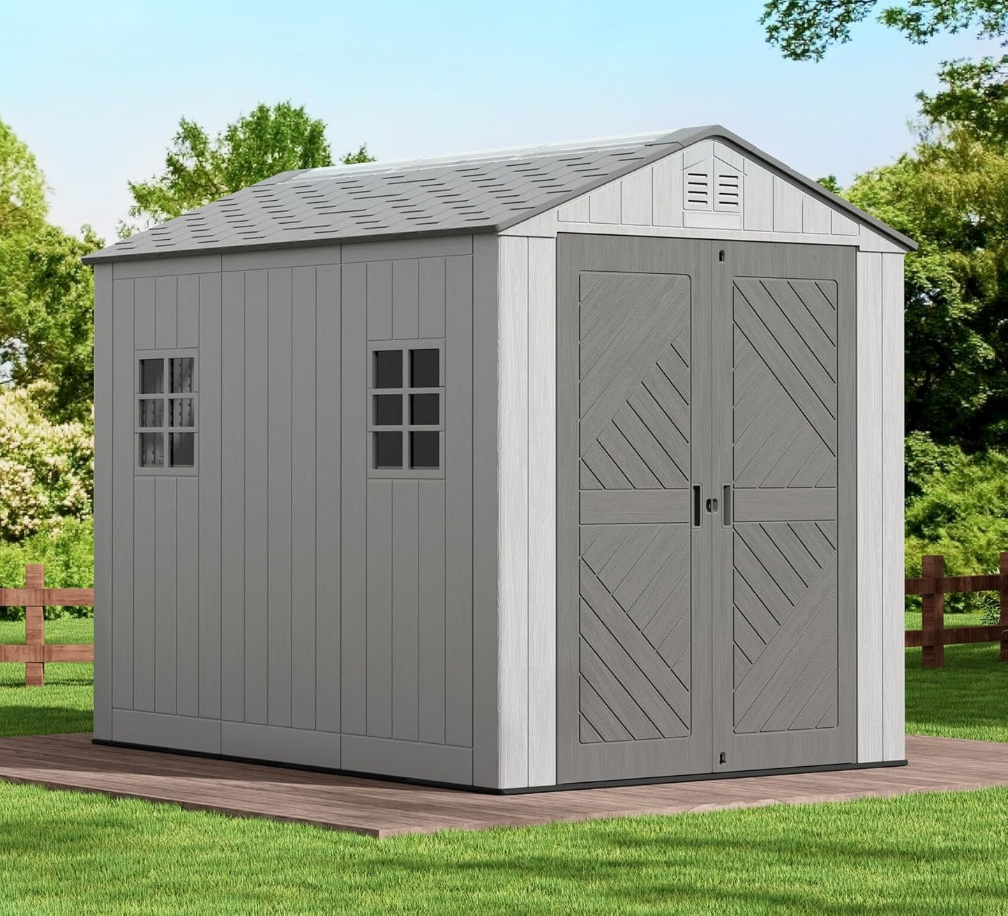 Flumarza 6x9 Ft Outdoor Storage Shed, All-Weather Resistant Resin Garden Shed with Floor & Windows, Double-Layer Plastic Tool Shed for Patio, Garden & Lawn (Grey)