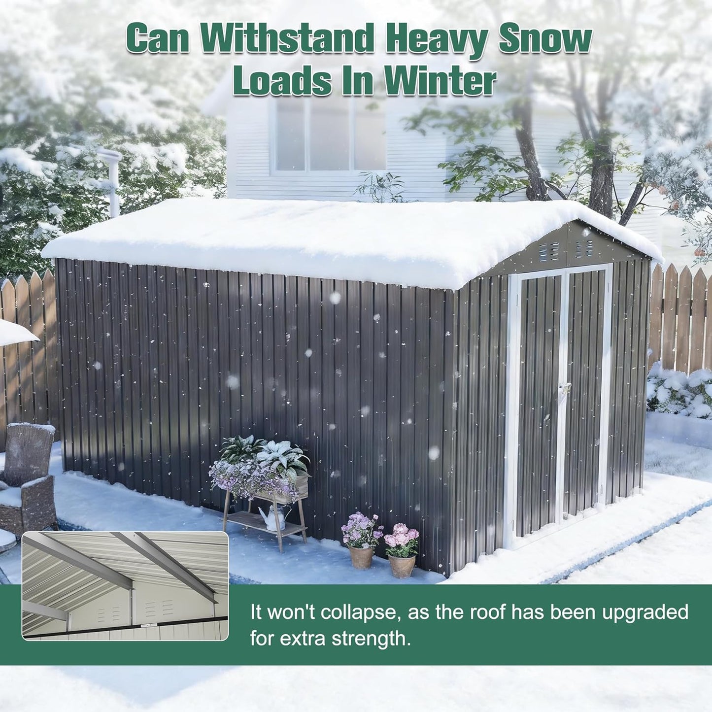 Flumarza 8x12 Ft Large Outdoor Storage Shed with Lockable Doors & Floor Base, Weather-Resistant Metal Tool Shed for Garden, Backyard, Patio, Lawn, Gray