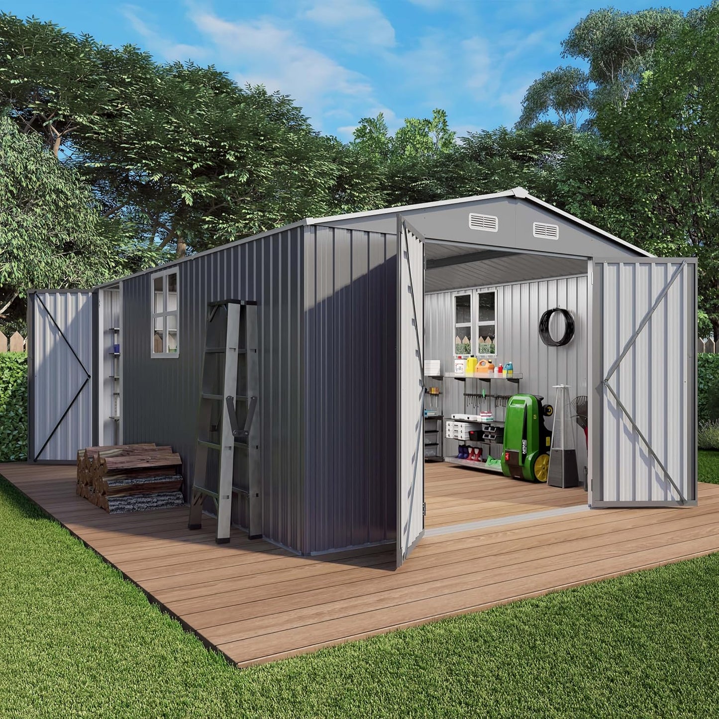 Flumarza 10x14x6.7 Ft Outdoor Storage Shed, Galvanized Steel Garden Shed with Lockable Door & Window, Waterproof Metal Tool Storage for Garden, Backyard, Patio, Lawn, Grey