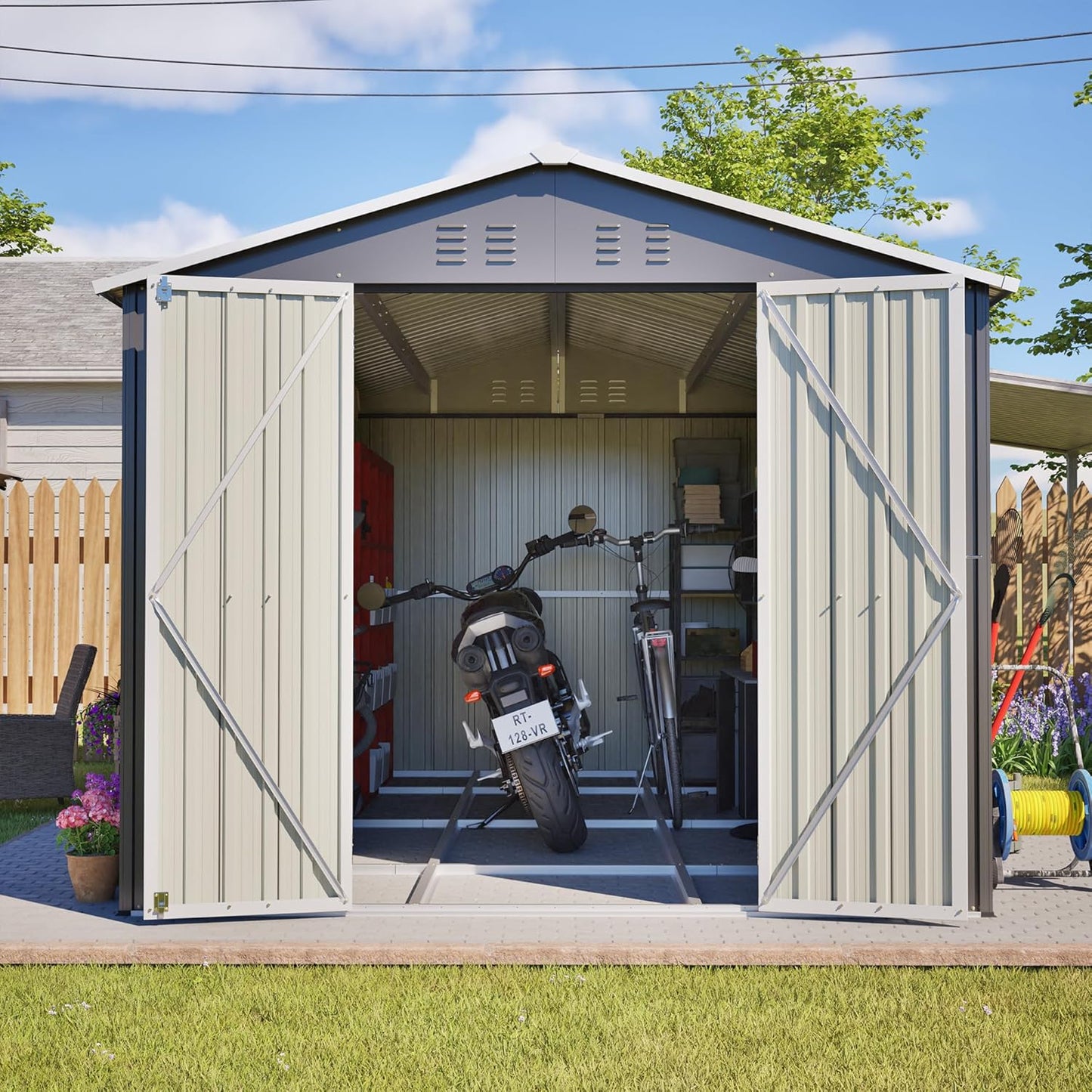 Flumarza 8x12 Ft Large Outdoor Storage Shed with Lockable Doors & Floor Base, Weather-Resistant Metal Tool Shed for Garden, Backyard, Patio, Lawn, Gray