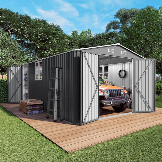 Flumarza 10x14x6.7 Ft Outdoor Storage Shed, Galvanized Steel Garden Shed with Lockable Door & Window, Waterproof Metal Tool Storage for Garden, Backyard, Patio, Lawn, Grey