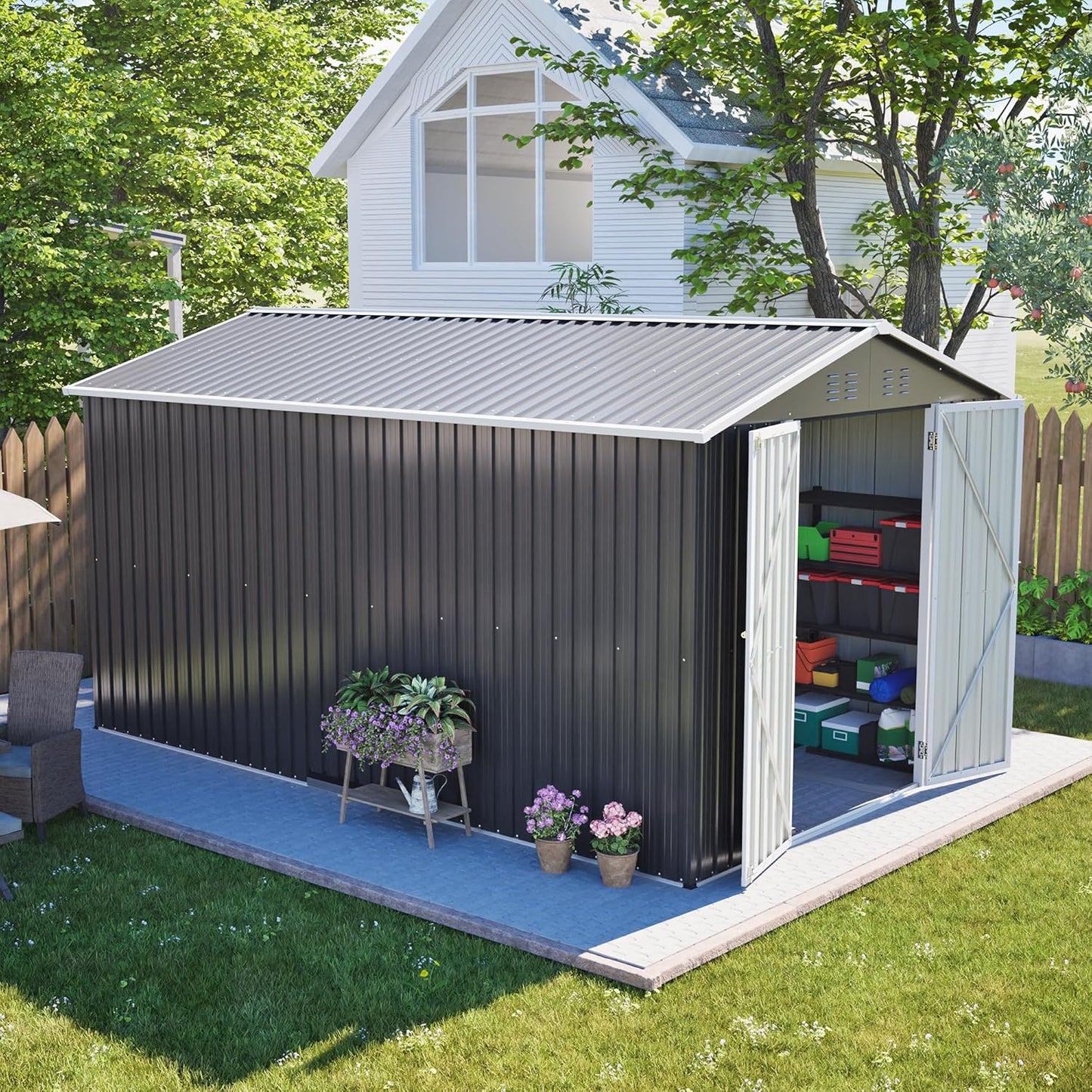 Flumarza 8x12 Ft Large Outdoor Storage Shed with Lockable Doors & Floor Base, Weather-Resistant Metal Tool Shed for Garden, Backyard, Patio, Lawn, Gray