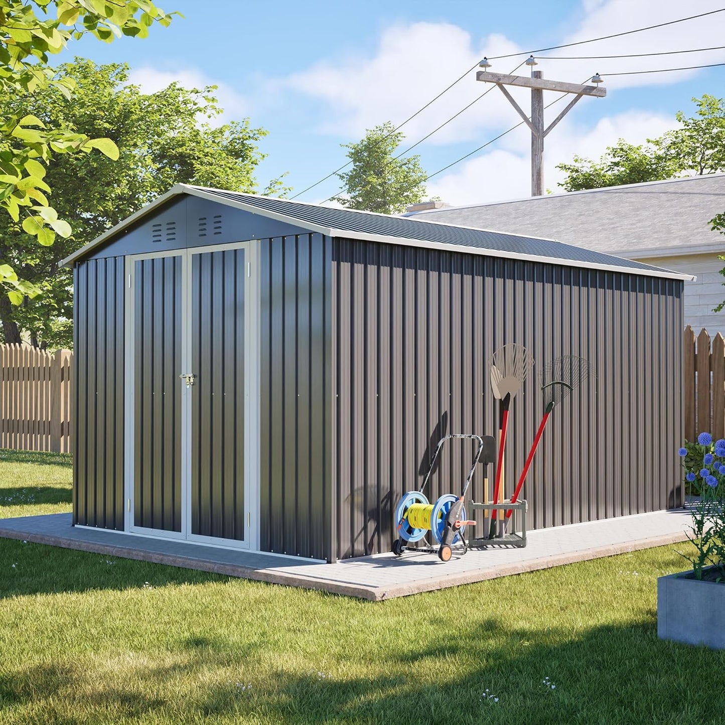Flumarza 8x12 Ft Large Outdoor Storage Shed with Lockable Doors & Floor Base, Weather-Resistant Metal Tool Shed for Garden, Backyard, Patio, Lawn, Gray