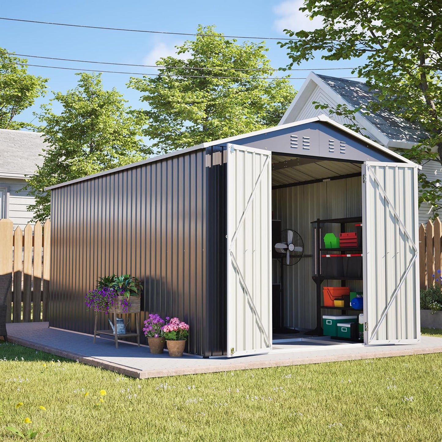 Flumarza 8x12 Ft Large Outdoor Storage Shed with Lockable Doors & Floor Base, Weather-Resistant Metal Tool Shed for Garden, Backyard, Patio, Lawn, Gray