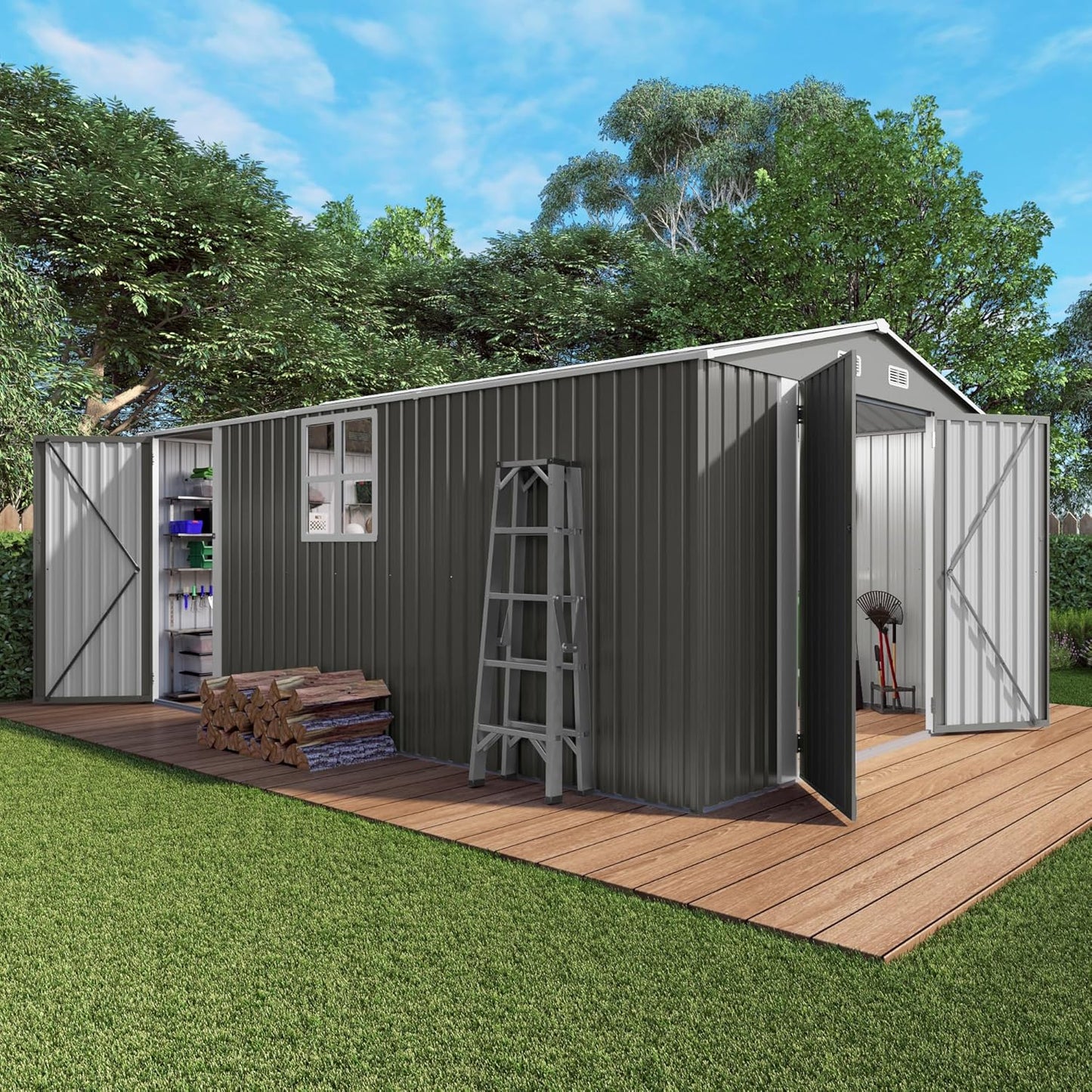 Flumarza 10x14x6.7 Ft Outdoor Storage Shed, Galvanized Steel Garden Shed with Lockable Door & Window, Waterproof Metal Tool Storage for Garden, Backyard, Patio, Lawn, Grey
